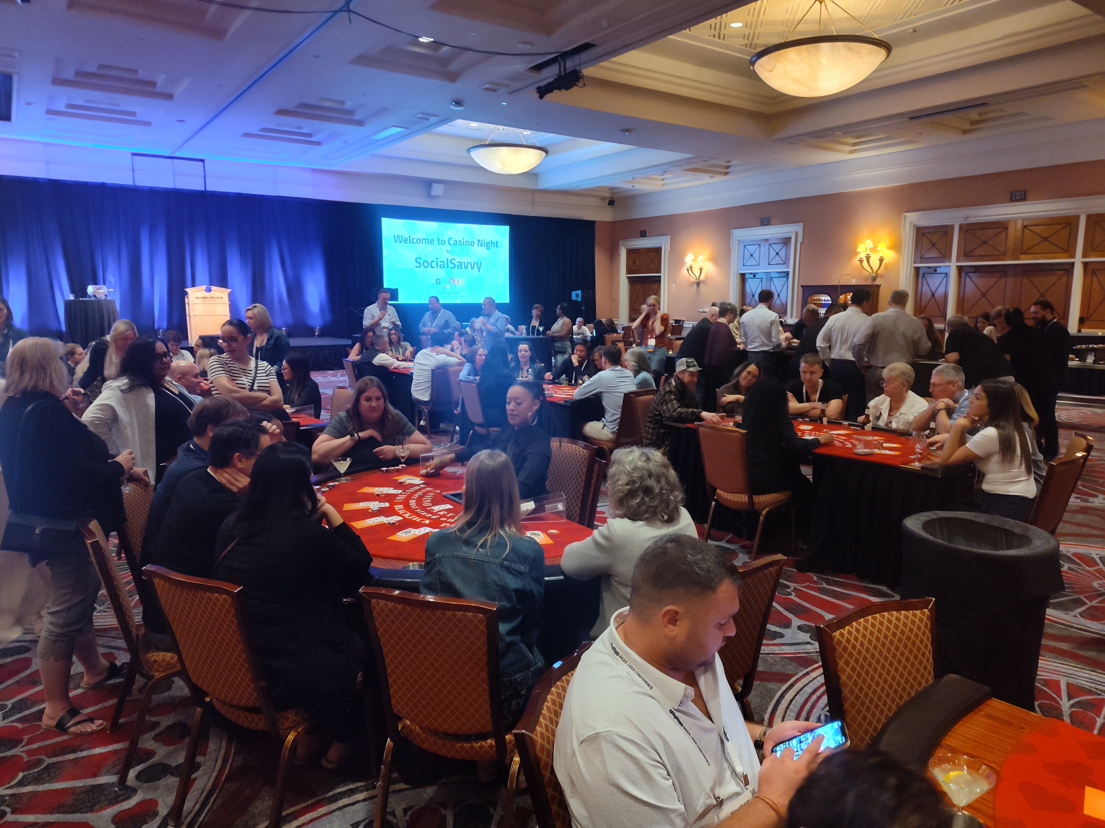 Large ballroom filled with casino tables and guests at a Billings Casino Party USA event