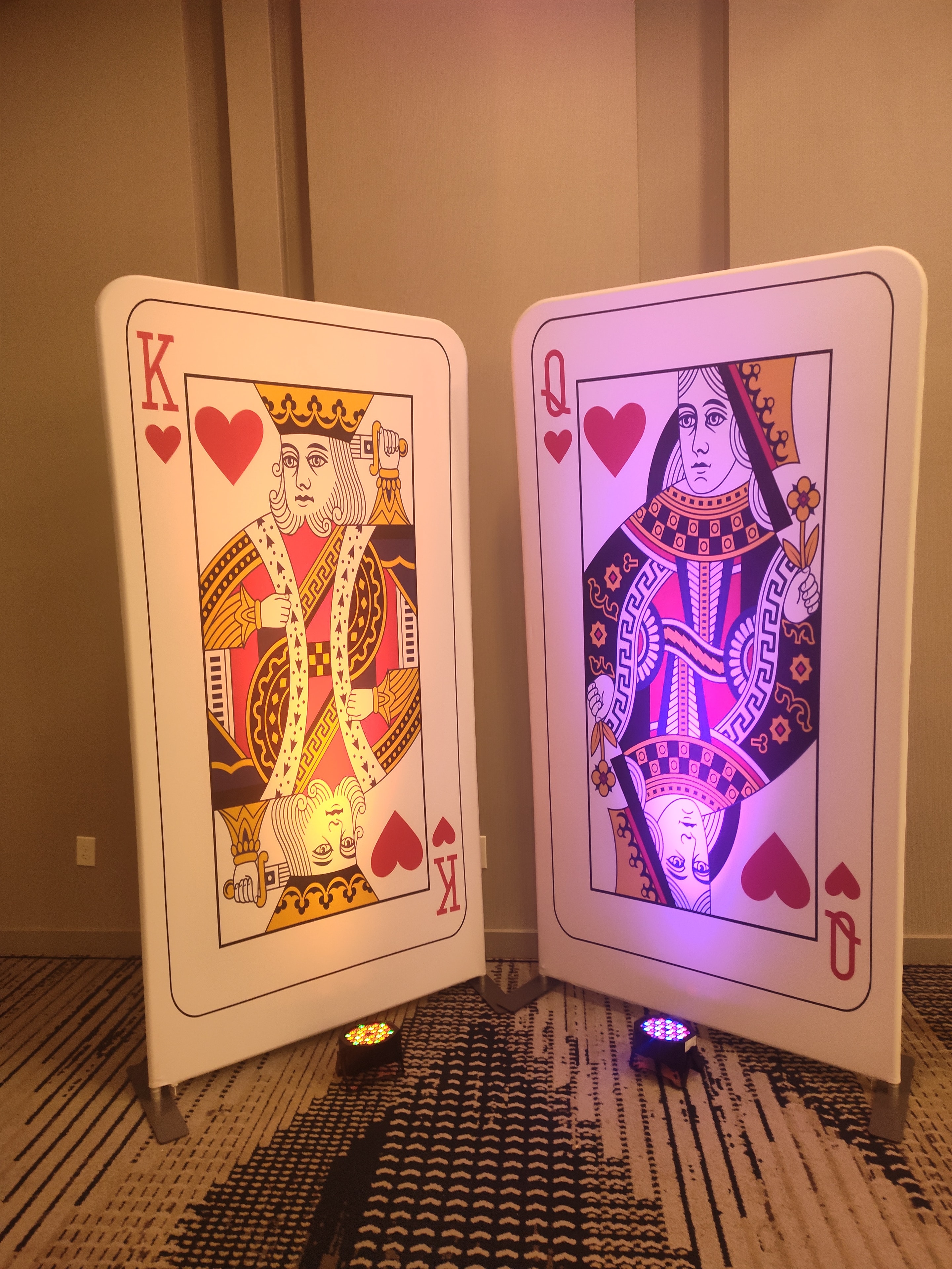 Casino party decorations — Queen and King playing card props with lighting