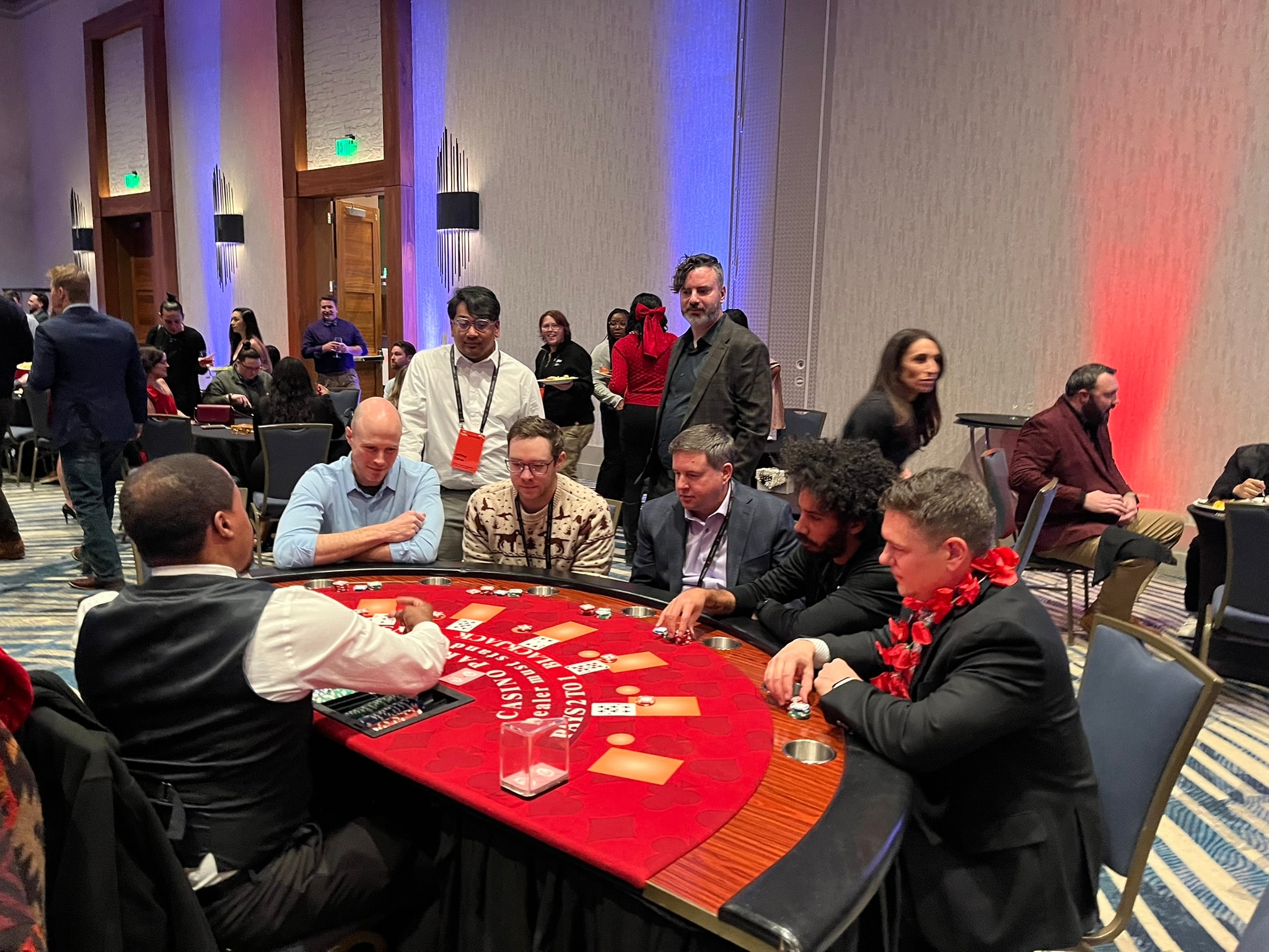 Guests playing blackjack at a Denver Casino Party USA corporate holiday event