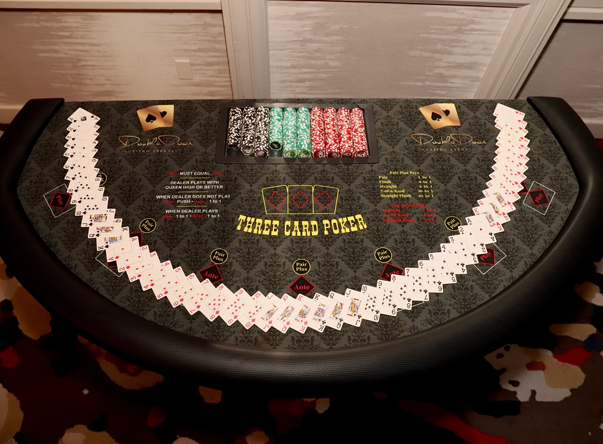 Overhead view of Three Card Poker table at a San Antonio Casino Party USA event