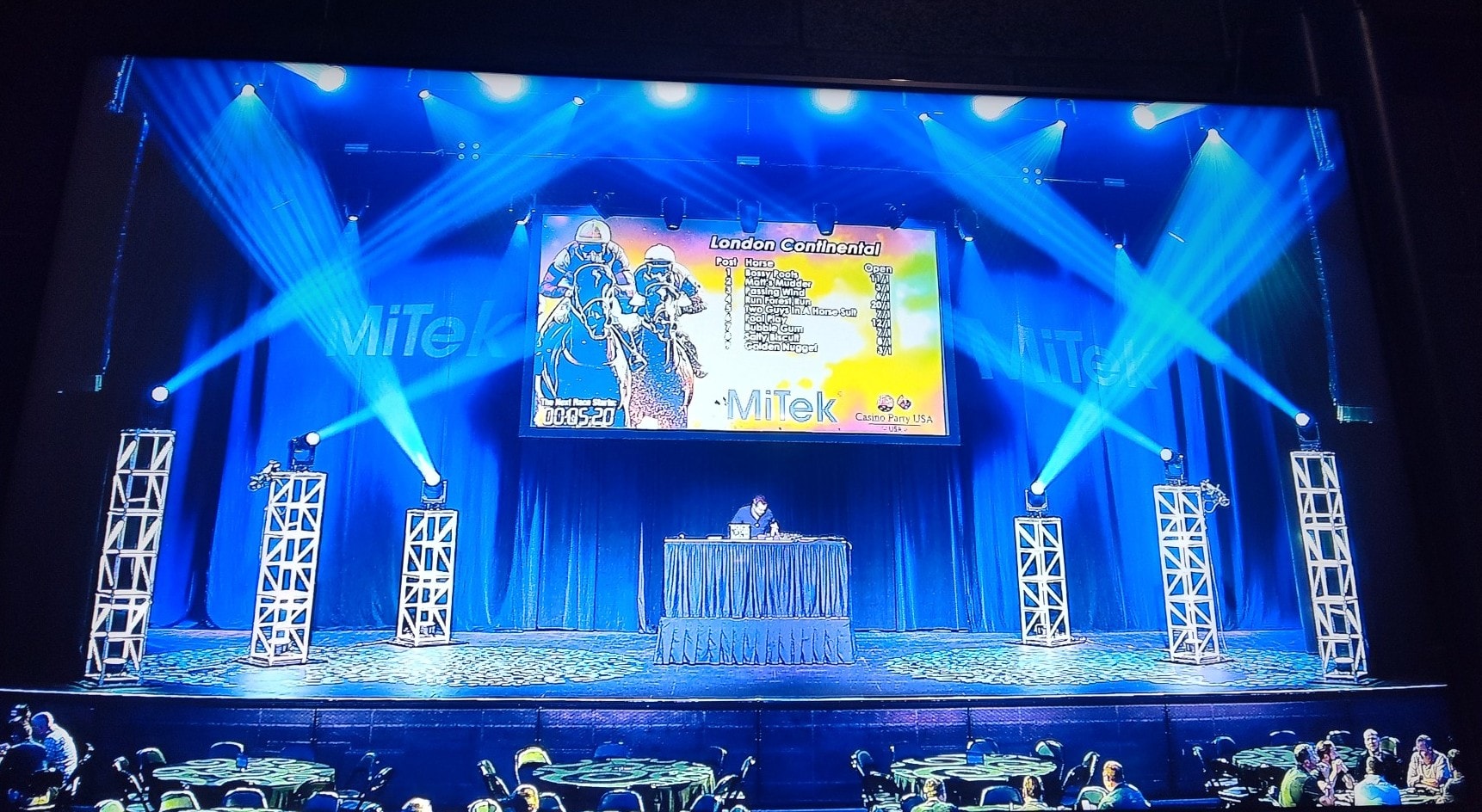 Casino Party USA video horse racing on a large stage screen with dramatic blue lighting at a MiTek corporate event