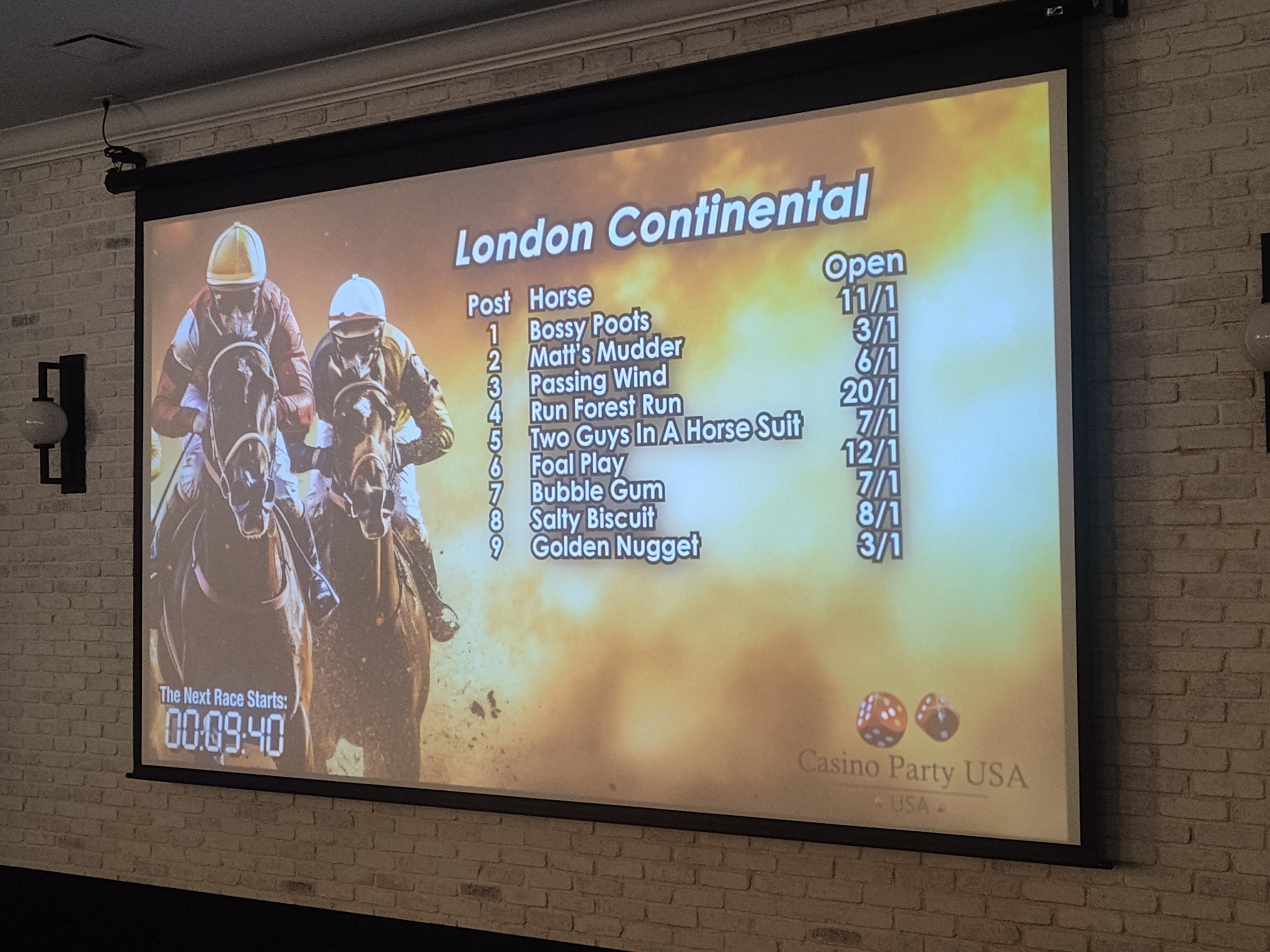 Casino Party USA London Continental race card displayed on projection screen with horse names and odds at a private event