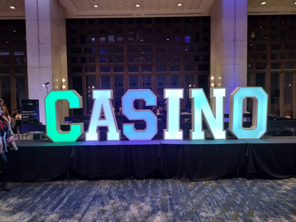 Color-changing LED marquee lights at party venue